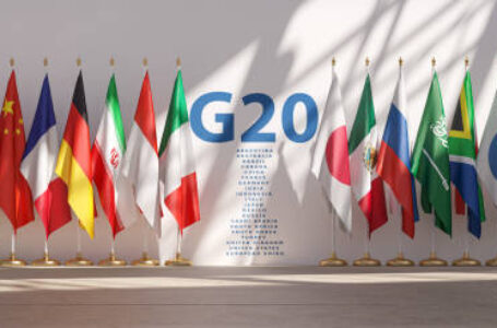 G20 summit or meeting concept. Row from flags of all members of G20 Group of Twenty and list of countries. 3d illustration