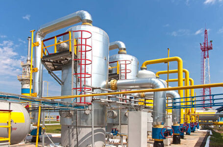 Gas compressor station in Ukraine in bright sunny summer day