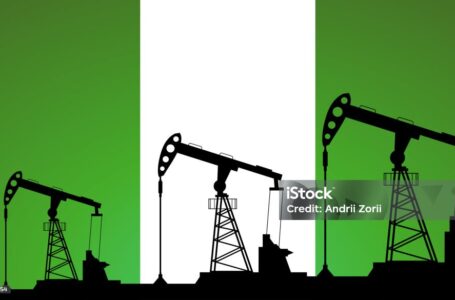 Oil pump on background of flag of Nigeria. Vector illustration
